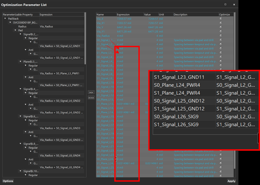 Optimization Parameter List