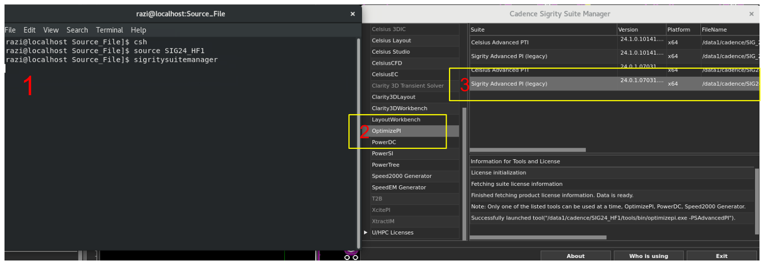 Linux terminal and Sigrity Suite Manager