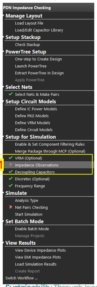 Impedance Observations menu