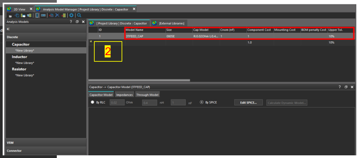 Specify capacitor model parameters
