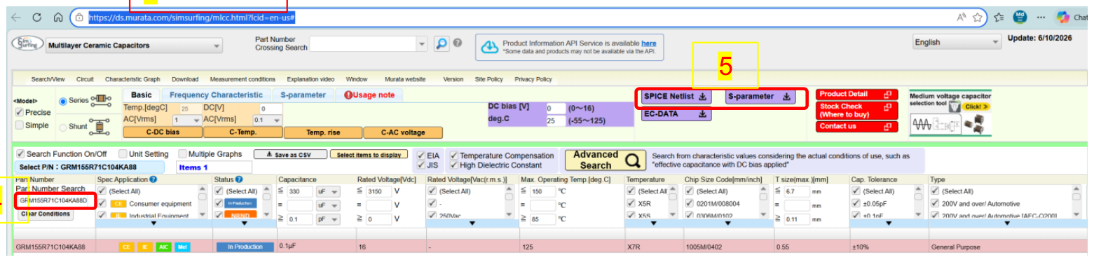 Murata SimSurfing capacitor model search